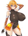  1girl blue_eyes breasts covered_collarbone covered_navel covered_nipples fishnets flipped_hair gloves highres huge_breasts igawa_sakura impossible_clothes impossible_leotard leotard ninja orange_hair puffy_nipples rough_(riferio) short_hair showgirl_skirt skin_tight solo taimanin_(series) taimanin_asagi taimanin_suit white_background 