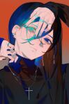  1boy black_hair black_nails black_shirt blue_eyes blue_hair closed_mouth cross cross_necklace glowing glowing_eye gothic gradient_hair heterochromia highres jewelry long_hair long_sleeves male_focus multicolored_hair necklace original ring shirt solo turtleneck zumi_(neronero126) 