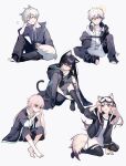  2girls 3boys absurdres adnachiel_(arknights) animal_ear_fluff animal_ears ansel_(arknights) arknights arm_support barefoot beirenjianfendian black_coat black_dress black_hair black_jacket black_shorts black_thighhighs cardigan_(arknights) cat_ears cat_tail chinese_commentary closed_eyes coat commentary_request dog_ears dog_tail dress fang fingernails flying_sweatdrops fox_ears fox_tail goggles goggles_on_head grey_hair hair_between_eyes halo head_rest headphones headphones_around_neck highres jacket long_hair long_sleeves melantha_(arknights) multicolored_hair multiple_boys multiple_girls open_clothes open_jacket own_hands_together pink_eyes pink_hair rabbit_ears red_eyes shirt short_hair shorts simple_background steward_(arknights) streaked_hair tail thighhighs white_background white_shirt yellow_eyes 