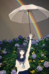  1girl amemori_sayo arm_up bangs black_eyes black_hair blue_bow blue_neckerchief blue_sailor_collar blue_skirt bow braid bush collarbone film_grain flower grey_sky grin hair_bow highres holding holding_umbrella hydrangea long_hair looking_at_viewer low_twin_braids neckerchief nijisanji nkymyura official_alternate_costume overcast rainbow sailor_collar school_uniform serafuku short_sleeves skirt smile solo standing summer_uniform transparent transparent_umbrella twin_braids umbrella upper_body watch white_serafuku wristwatch 