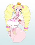  1girl bimbo_peach blonde_hair blue_eyes borrowed_design bracelet breasts cameltoe choker covered_navel covered_nipples cowboy_shot cropped_legs crown earrings gradient_background highres jewelry large_breasts long_hair low-tied_long_hair mario_(series) parted_lips pink_choker princess_peach print_shirt rocketraptor shirt short_sleeves solo spiked_choker spikes twintails very_long_hair white_background white_shirt 