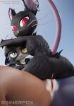  anthro camille_(fortnite) domestic_cat duo epic_games felid feline felis female female/female fortnite genitals hi_res looking_at_viewer mammal meow_skulls_(fortnite) murid murine pussy pussy_rubbing rat rodent s1nnerfox smug tail 