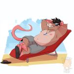  2023 anthro belly biceps bottomwear clothed clothing eyewear footwear hands_behind_head hi_res jewelry lying male mammal manly murid murine muscular navel necklace nipples on_back pecs pool_chair rat rattykai reclining rodent sandals shorts shorts_only simple_background slightly_chubby solo sunglasses topless triceps 
