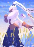  754_0711 anthro bandai_namco bottomwear clothing curled_tail digimon digimon_(species) flower fluffy_chest fur gloves handwear hi_res lagomorph leporid long_ears looking_at_viewer male mammal pants plant ponytail_ears rabbit shirtless smelling_flower solo sunset symbareangoramon yellow_body yellow_fur 