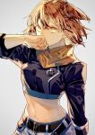  1girl bangs belt belt_buckle black_belt buckle closed_mouth commentary_request fate/grand_order fate_(series) fujimaru_ritsuka_(female) fujimaru_ritsuka_(female)_(true_ether_chaldea_uniform) grey_background hair_between_eyes hair_ornament hair_scrunchie highres looking_at_viewer midriff nasubi_illust navel official_alternate_costume orange_hair scarf scrunchie serious short_hair shorts side_ponytail simple_background solo stomach white_shorts yellow_eyes yellow_scarf 