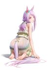  1girl absurdres animal_ears bangs bare_arms bare_legs bare_shoulders barefoot bikini ear_bow ear_ribbon feet highres horse_ears horse_girl horse_tail long_hair looking_at_viewer looking_back mejiro_mcqueen_(umamusume) purple_eyes purple_hair risa_(pixiv23908854) see-through soles swept_bangs swimsuit tail toes umamusume 