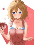  1girl apron bangs bare_arms blonde_hair blue_bow blue_eyes blush bow box breasts cleavage closed_mouth collarbone commentary_request eyelashes frills gift heart heart-shaped_box holding holding_gift looking_at_viewer medium_hair monmon_(monmon_k18) naked_apron pokemon pokemon_(anime) pokemon_xy_(anime) red_apron serena_(pokemon) smile solo upper_body valentine 
