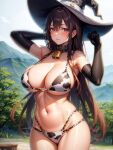  1girl ai-generated animal_print artist_request bell black_collar black_gloves black_headwear breasts brown_hair cleavage collar cow_girl cow_print cowbell gloves hat highres huge_breasts long_hair looking_at_viewer navel non-web_source solo source_request thighs witch witch_hat 