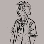  anthro border_collie canid canine canis clothing collie domestic_dog guide_lines herding_dog hi_res looking_at_viewer male mammal monochrome pastoral_dog sheepdog shirt sketch solo squigor tagme text text_on_clothing topwear 