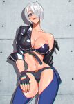  1girl akisu_k angel_(kof) bangs black_jacket bra breasts chaps cleavage cropped_jacket fingerless_gloves gloves hair_over_one_eye jacket large_breasts leather leather_jacket looking_at_viewer midriff navel open_clothes open_jacket snk solo strapless strapless_bra the_king_of_fighters the_king_of_fighters_xiv toned underwear unzipped zipper 