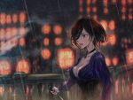  angry blurry blurry_background bodice breasts brown_hair cityscape cleavage cleavage_cutout clothing_cutout dress earrings eyelashes glowing_windows highres holding holding_knife jewelry knife long_sleeves meguruidea necklace night octopath_traveler octopath_traveler_ii purple_dress railing rain short_hair signature sleeve_cuffs throne_(octopath_traveler) 