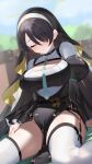  1girl black_hair blue_archive blush breasts cleavage_cutout closed_eyes clothing_cutout fingernails garter_belt hair_over_one_eye highres hinata_(blue_archive) juliet_sleeves large_breasts long_sleeves nokke_o nun pelvic_curtain puffy_sleeves thighhighs thighs veil 