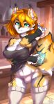  2023 5_fingers anthro black_body black_fur blue_eyes breasts canid canine clothed clothing digital_media_(artwork) eyebrows eyelashes female fingers fur hair hi_res longdanger mammal orange_hair smile solo standing white_body white_fur yellow_body yellow_fur 