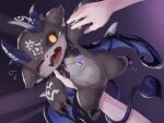  4:3 abstract_background ambiguous_gender anthro biped black_sclera debidebi_debiru demon duo fur gingitsune_(artist) grey_body grey_fur hi_res holding_another horn human japanese_description jewelry mammal membrane_(anatomy) membranous_wings necklace purple_theme semi-anthro solo_focus spade_tail translated_description wings yellow_eyes 