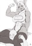  1boy 1girl :d absurdres animal_ears arm_up bald bangs bare_shoulders between_thighs biceps blush boku_no_hero_academia breasts commission covered_abs covered_navel crescent_print dark-skinned_female dark_skin flexing fur_collar gloves greyscale hands_on_another&#039;s_thighs head_between_thighs highleg highleg_leotard highres large_breasts leotard long_eyelashes long_hair looking_at_another mirko monochrome muscular muscular_female on_person parted_bangs rabbit_ears rabbit_girl scissorhold signature sleeveless_turtleneck_leotard smile speedl00ver sweat taut_leotard teeth thick_thighs thighhighs thighs upper_teeth_only veins veiny_arms white_gloves white_hair white_leotard 