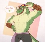  &lt;3 2020 5_fingers abs adjusting_glasses anthro black_bottomwear black_clothing black_pants blush bottomwear clothed clothing countershading dialogue digital_media_(artwork) english_text eyewear facial_horn fingers glasses green_body green_scales hand_on_side hi_res horn lizard looking_at_viewer male navel non-mammal_navel nose_horn pants pecs reptile scales scalie signature sogreth solo speech_bubble tail tail_ridge text topless topless_anthro topless_male xeoniios yellow_eyewear yellow_glasses 