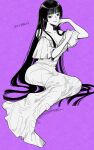 1girl artist_name bangs black_eyes black_hair blunt_bangs breasts cleavage collarbone copyright_name dress highres hime_cut ichihara_yuuko large_breasts leaning long_dress long_hair looking_at_viewer off-shoulder_dress off_shoulder partially_colored purple_background purple_lips sakanomachico sidelocks simple_background smile xxxholic 