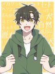  1boy bangs black_hair border casual character_name clenched_hands collarbone commentary eyes_visible_through_hair green_hoodie hair_between_eyes hair_ornament hair_over_eyes hairclip hood hood_down hoodie kagerou_project kanako-n-03-04 light_blush looking_at_viewer male_focus mekakucity_actors open_mouth seto_kousuke shirt short_hair sleeves_rolled_up solo straight-on t-shirt text_background white_border white_shirt yellow_background yellow_eyes 