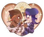  +_+ 1boy 2girls :3 beanie beret big_man_(splatoon) blush brown_headwear brown_sweater candy chocolate chocolate_bar chocolate_covered chocolate_milk colored_eyelashes dark-skinned_female dark_chocolate dark_skin earrings fangs food frye_(splatoon) fur_jacket gomipomi hair_over_one_eye happy_valentine hat heart hikimayu holding holding_chocolate holding_food inkling jacket jewelry leather leather_jacket manta_ray multiple_earrings multiple_girls octoling open_clothes open_jacket orange_eyes orange_hair purple_hair purple_headwear purple_jacket red_eyes sharp_teeth shiver_(splatoon) sleeveless sleeveless_turtleneck smile sparkle splatoon_(series) splatoon_3 striped striped_jacket suction_cups sweater teeth tentacle_hair tooth_earrings turtleneck turtleneck_sweater unzipped white_chocolate zipper 