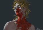  1boy ashva blonde_hair blood blood_on_face blood_splatter collarbone commentary_request dio_brando highres jewelry jojo_no_kimyou_na_bouken long_hair male_focus nude one_eye_closed parted_lips simple_background solo stardust_crusaders upper_body vampire 