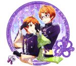  2boys ahoge aki_ma_jiro aoi_kyosuke aoi_yusuke bangs black_gloves brothers glasses gloves hair_ornament hairpin idolmaster idolmaster_side-m japanese_clothes long_sleeves male_focus multiple_boys one_eye_closed open_mouth orange_eyes orange_hair pink-framed_eyewear siblings tongue tongue_out twins w_(idolmaster) wide_sleeves 