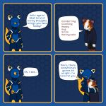  absurd_res ambiguous_gender anthro black_bottomwear black_clothing black_shorts blue_background blue_body blue_clothing blue_hoodie blue_topwear bottomwear brown_body brown_ears brown_fur clothed clothing comforting comic cuddling dialogue domestic_cat duo e621 embrace esix felid feline felis fur ghatos ghatos_(ghatos) happy head_pat hexagon hexagons hi_res hoodie hug looking_tired machine male mammal mascot orange_body orange_fur pink_nose robot shadow shorts simple_background smile speech_bubble tail talking_to_another text tired topwear white_body white_ears white_fingers white_fur white_nose yellow_ear_tip yellow_eyes yellow_fingers yellow_tail 