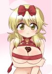  1girl absurdres blonde_hair blush breast_hold breasts candy chocolate cleavage dard_drak food heart heart-shaped_chocolate hidamari_sketch highres long_hair looking_at_viewer miyako_(hidamari_sketch) naked_ribbon red_ribbon ribbon smile solo valentine 