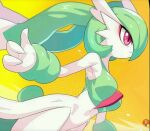  1girl animal_ears armpits breasts closed_mouth cowboy_shot dutch_angle gardevoir green_hair isaac lopevoir lopunny medium_breasts medium_hair non-web_source outstretched_arms pokemon pokemon_(creature) rabbit_ears red_eyes solo source_request yellow_background 