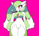  1girl blush breasts cowboy_shot gardevoir green_hair hair_over_one_eye isaac looking_at_viewer lopevoir lopunny medium_breasts medium_hair non-web_source pink_background pokemon pokemon_(creature) red_eyes simple_background solo source_request 