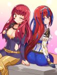  2girls alear_(female)_(fire_emblem) alear_(fire_emblem) ass black_cape blue_eyes blue_hair bodysuit braid breasts cape chest_strap choker cleavage clothing_cutout cougar_(cougar1404) covered_navel crossed_bangs crown_braid facial_mark fire_emblem fire_emblem_engage gloves gold_belt gradient_background hair_ornament heterochromia large_breasts long_hair looking_back multicolored_hair multiple_girls one_eye_closed pink_choker purple_bodysuit red_eyes red_hair side_cutout simple_background sitting smile split-color_hair star_(symbol) star_facial_mark star_hair_ornament very_long_hair yunaka_(fire_emblem) 