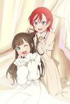  2girls ;d adjusting_another&#039;s_hair azukibatake bangs blue_eyes blunt_bangs brown_hair commentary curtains dress eyebrows_hidden_by_hair green_eyes hair_bun hair_down hand_to_own_mouth highres long_hair love_live! love_live!_superstar!! multiple_girls oikakeru_yume_no_saki_de one_eye_closed one_side_up puffy_sleeves red_hair sakurakouji_kinako short_sleeves single_hair_bun smile white_dress wince wing_collar yoneme_mei 