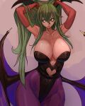  1girl arms_up bare_shoulders blue_eyes breasts capcom closed_mouth clothing_cutout collarbone davecavedraws demon_girl elbow_gloves english_commentary gloves green_hair hands_in_hair head_wings heart_cutout highleg highleg_leotard highres large_breasts leotard lips long_hair low_wings morrigan_aensland pantyhose simple_background solo standing thick_thighs thighs vampire_(game) wide_hips wings 