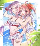  2girls absurdres ahoge bikini bikini_under_clothes blush breasts cleavage closed_mouth fang flower flower_bracelet frilled_bikini frills hair_flower hair_ornament hand_on_another&#039;s_shoulder hibiscus highres hood hooded_jacket jacket jewelry long_hair masumi_mi multiple_girls navel necklace nijisanji one_side_up open_mouth outdoors pink_hair plant red_eyes red_hair sasaki_saku scrunchie see-through see-through_skirt shading_eyes shiina_yuika short_hair skin_fang skirt sleeveless sleeveless_jacket small_breasts star_(symbol) star_hair_ornament swimsuit tied_jacket tongue tongue_out virtual_youtuber water_drop wrist_scrunchie yellow_bikini 