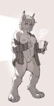  anthro bottomless breasts chee_tuft clothed clothing coffee_cup container cup felid feline female genitals greyscale hi_res holding_mug holding_object jaykat lynx mammal monochrome mostly_nude mug nipples open_clothing open_shirt open_topwear pussy shirt sketch slightly_chubby smile solo steam topwear 