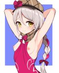  1girl armpits arms_behind_head arms_up bangs between_breasts blue_background blush border braid braided_ponytail breasts brown_scarf clothes_between_breasts commentary_request fire_emblem fire_emblem_engage framme_(fire_emblem) grey_hair hair_between_eyes hair_ribbon hat highres hondaranya looking_at_viewer medium_hair nipples outside_border paid_reward_available plaid plaid_scarf ribbon scarf simple_background small_breasts smile solo sweat upper_body white_border yellow_eyes 