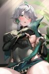  1girl :o alhaitham_(genshin_impact) bangs black_leotard blush breasts clothes_pull commentary_request covered_navel detached_sleeves eyelashes genderswap genderswap_(mtf) genshin_impact gloves green_hair grey_hair hair_between_eyes hair_over_one_eye highres hominamia large_breasts leotard looking_at_viewer multicolored_hair parted_lips partially_fingerless_gloves plant sitting solo sweat 