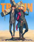  2boys absurdres blue_sky coat cross full_body gun highres multiple_boys nicholas_d._wolfwood open_mouth prosthesis prosthetic_arm red_coat sky stephengiannart sunglasses teeth trigun trigun_stampede vash_the_stampede weapon 