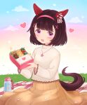  1girl animal_ears bangs bento blanket blunt_bangs blush bottle brown_hair cloud ear_covers flower grass hair_ornament hairband heart highres holding_bento horse_ears horse_girl horse_tail jewelry long_sleeves necklace nishino_flower_(umamusume) open_mouth outdoors petals picnic purple_eyes rio_(rio_067) shirt short_hair sitting skirt solo tail umamusume water_bottle white_shirt x_hair_ornament yellow_skirt 