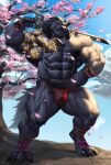  2022 4_toes 5_fingers anthro armor barazoku big_muscles black_claws black_hair brown_eyes bulge canid canine canis cherry_blossom cherry_blossom_tree cherry_tree claws digitigrade echin feet fingers fruit_tree greaves hair hand_on_hip hi_res huge_muscles humanoid_hands jewelry looking_at_viewer male mammal melee_weapon muscular muscular_anthro muscular_male necklace plant pose smile solo standing sword tattoo toes tree weapon wolf wristband zephere 