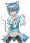 1girl animal_ear_fluff animal_ears ayanami_rei blue_hair cat_ears cat_girl cat_tail highres looking_at_viewer neon_genesis_evangelion open_mouth paw_print red_eyes red_ribbon ribbon school_uniform short_hair simple_background solo tail tokyo-3_middle_school_uniform white_background yurumenoika_eva 