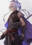  1boy armor bad_link bangs belt black_gloves character_request chorefuji closed_mouth commentary_request copyright_request from_below frown gloves grey_eyes grey_hair highres holding long_hair looking_at_viewer looking_down male_focus red_belt rope_belt shoulder_cape sidelocks solo white_background 