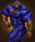  2022 5_fingers anthro barazoku bear big_muscles black_nose blue_body blue_fur brown_body brown_fur bulge clothed clothing echin fingers flexing fur green_eyes hi_res huge_muscles humanoid_hands male mammal maximus_ursus multicolored_body multicolored_fur muscular muscular_anthro muscular_male pose simple_background snarling solo speedo swimwear topless two_tone_body two_tone_fur vein veiny_muscles wristband 