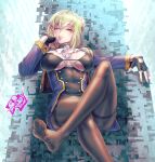  alpha_(rebuild_world) blonde_hair blue_eyes breasts commission crossed_legs feet fingerless_gloves fujii_eishun gloves hand_on_own_face highres large_breasts lips lipstick makeup military military_uniform multicolored_hair nail_polish pantyhose pink_nails rebuild_world signature sitting skeb_commission soles solo throne two-tone_hair uniform 
