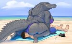  animal_crossing anthro beach big_breasts bikini black_hair blush breasts butt clothed clothing crocodile crocodilian crocodylid doctordj duo female female_on_top hair hi_res human human_on_anthro interspecies kneeling looking_back male male/female male_on_bottom mammal musical_note nintendo non-mammal_breasts olivia_(animal_crossing) on_bottom on_top outside reptile scalie seaside swimwear thick_thighs water 