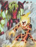  2boys absurdres alien armor arms_at_sides ben_10 burning colored_skin english_commentary fiery_hair fire green_skin heatblast highres multiple_boys muscular muscular_male omnitrix outdoors ravernclouk red_eyes rock shoulder_armor signature sky smoke standing tall tentacle_hair tentacles vilgax 