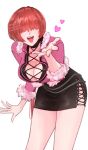  1girl bangs breasts chain cleavage dress fur-trimmed_sleeves fur_trim hair_over_eyes heart highres jacket large_breasts long_hair namisonpictures open_mouth pink_jacket red_hair shermie_(kof) short_dress simple_background smile solo the_king_of_fighters white_background 