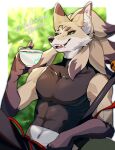  abs anthro asian_mythology axontatsu bandai_namco bell beverage canid canine clothing container crop_top cup cute_fangs darl_sclera digimon digimon_(species) east_asian_mythology fox genji green_eyes grin hi_res japanese_mythology male mammal mythology navel outside pecs shirt signature simple_background smile solo tea tea_cup text topwear yokai 