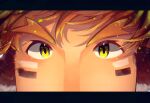  1boy animal_ears bara brown_hair close-up commentary_request cow_boy cow_ears eye_black forked_eyebrows kauri097 looking_at_viewer male_focus solo thick_eyebrows tokyo_afterschool_summoners wakan_tanka yellow_eyes 