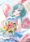  1girl :d balloon bang_dream! bare_shoulders bouquet breasts commentary_request dress flower gloves green_eyes green_hair hair_flower hair_ornament half_gloves heart_balloon highres hikawa_hina holding holding_bouquet looking_at_viewer medium_breasts official_art ouri_(aya_pine) red_flower sleeveless sleeveless_dress smile solo white_dress white_flower white_gloves yellow_flower 