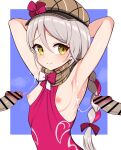  1girl 2boys armpits arms_behind_head arms_up bangs bar_censor between_breasts blue_background blush border braid braided_ponytail breasts brown_scarf censored clothes_between_breasts commentary_request cum cum_on_armpits cum_on_body erection fire_emblem fire_emblem_engage framme_(fire_emblem) grey_hair hair_between_eyes hair_ribbon hat highres hondaranya looking_at_viewer medium_hair multiple_boys multiple_penises nipples outside_border paid_reward_available penis plaid plaid_scarf ribbon scarf simple_background small_breasts smile solo_focus sweat upper_body white_border yellow_eyes 